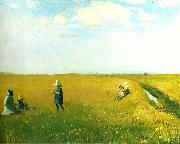 born og unge piger plukker blomster pa mark nord for skagen, Michael Ancher